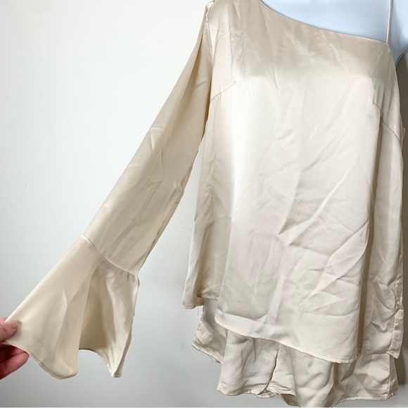 Sabo Skirt Luxe Satin Romper One Shoulder Flare Long Sleeve Playsuit Jumpsuit - Picture 10 of 16